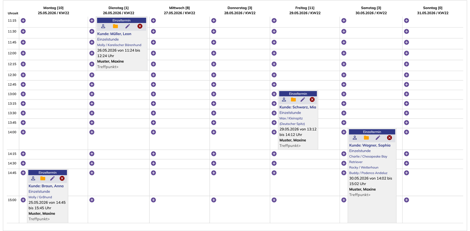 Planer von PetWorkers mit Kalender, Buchungen und Wartelisten