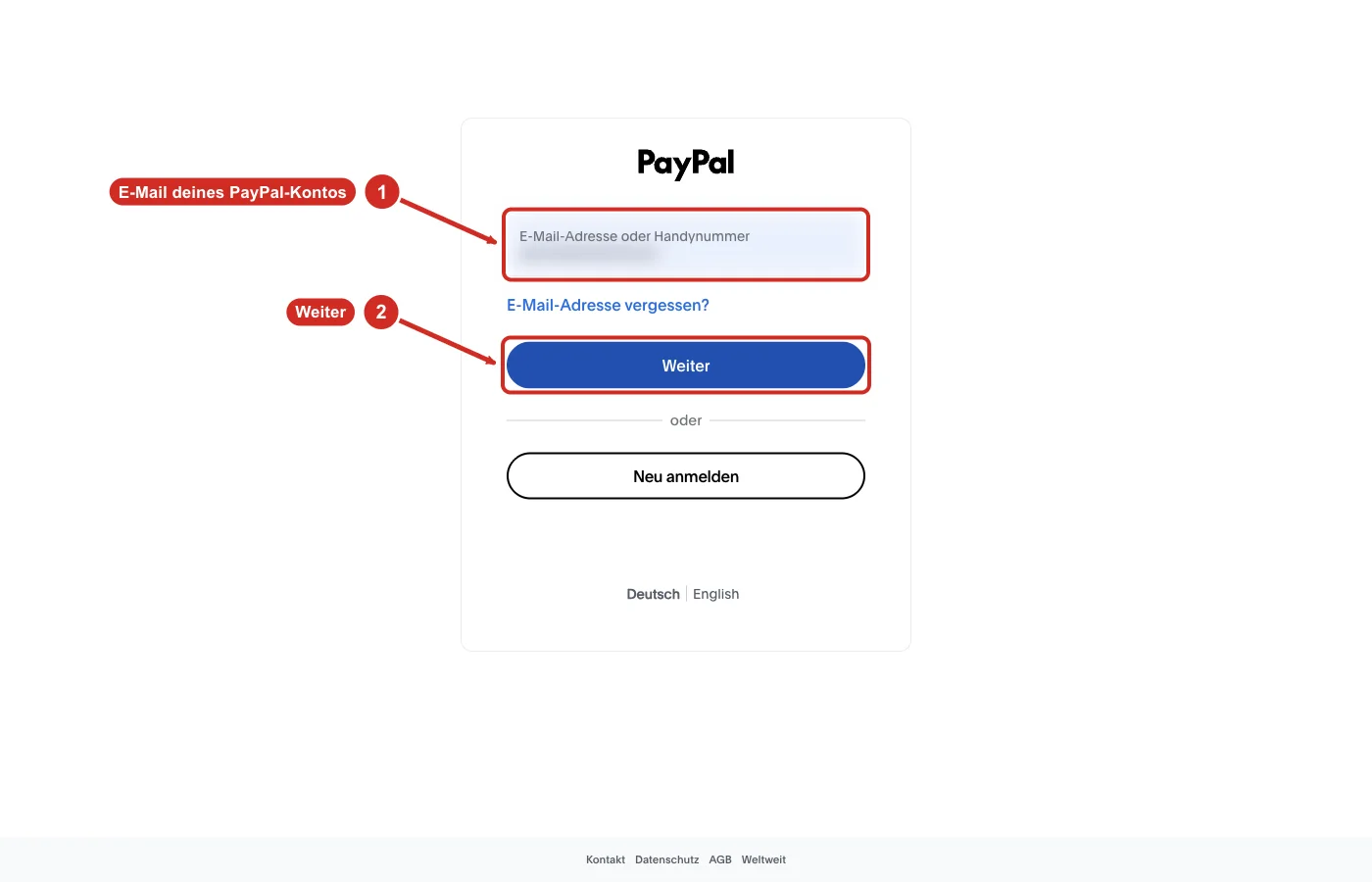 PayPal-Anmeldung mit dem Feld E-Mail-Adresse oder Handynummer und dem Knopf Weiter