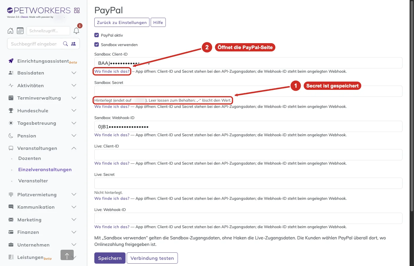 PetWorkers Classic: unter dem Feld Sandbox: Secret steht Hinterlegt endet auf und der Link Wo finde ich das