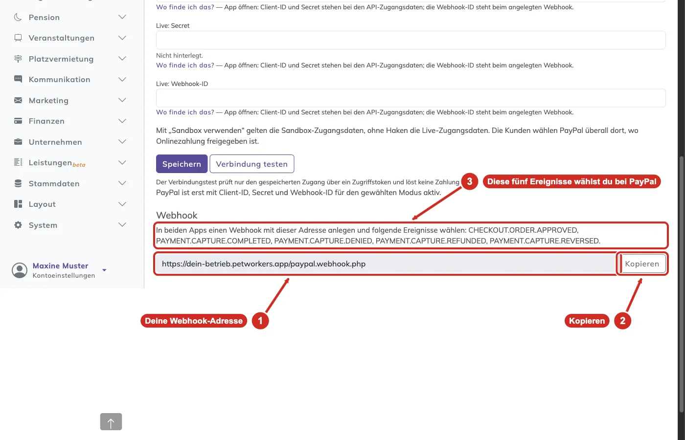 PetWorkers Classic: Kasten Webhook mit der Adresse, dem Knopf Kopieren und den fünf Ereignissen
