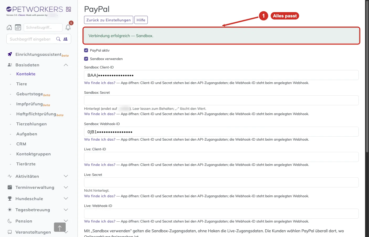 PetWorkers Classic: Meldung Verbindung erfolgreich — Sandbox nach dem Verbindungstest