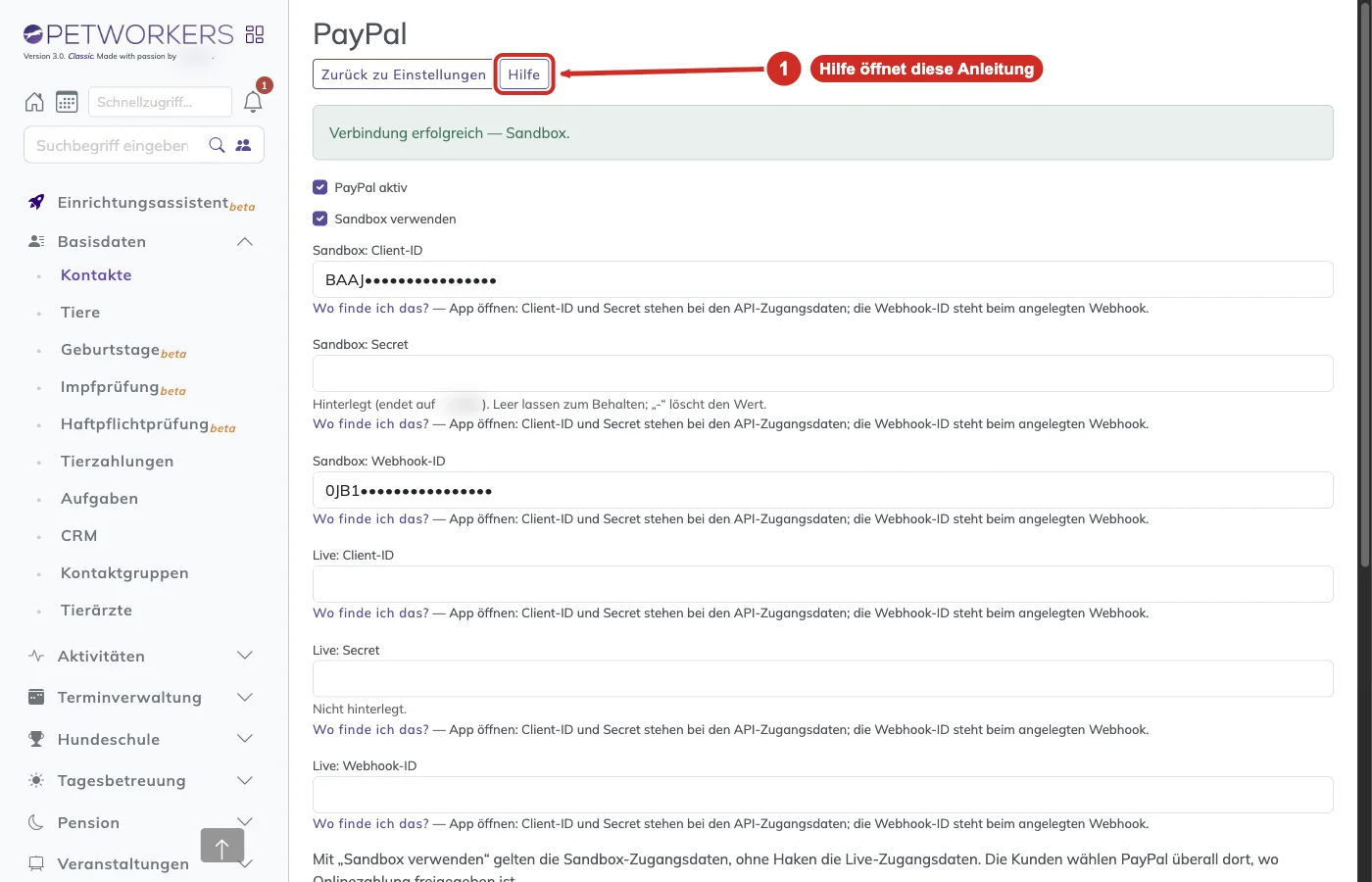 PetWorkers Classic: Knopf Hilfe oben auf der PayPal-Seite