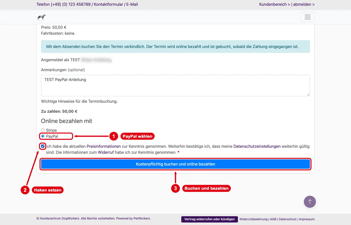 PetWorkers Classic Website: Einzeltermin buchen mit der Auswahl Online bezahlen mit Stripe oder PayPal