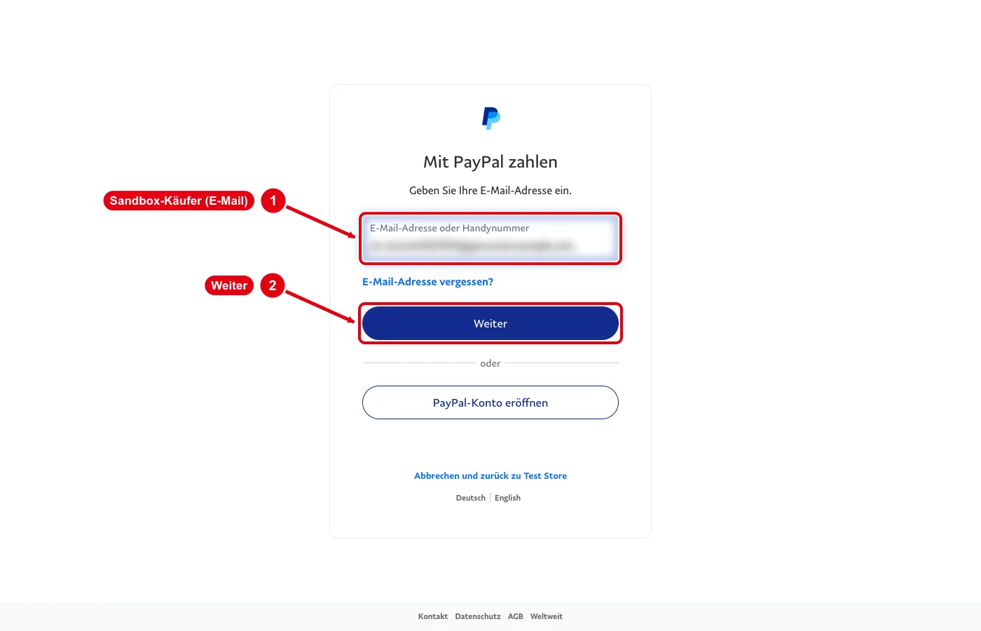 PayPal-Bezahlfenster der Sandbox mit dem Feld für die E-Mail-Adresse und dem Knopf Weiter