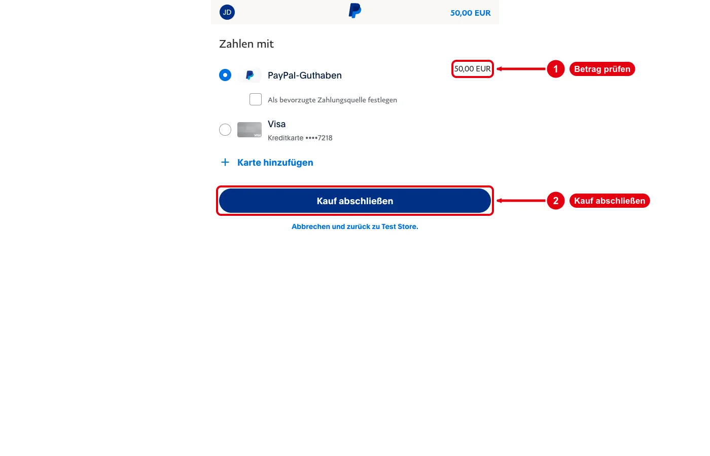 PayPal Sandbox: Zahlen mit PayPal-Guthaben, Betrag 50,00 EUR und Knopf Kauf abschließen