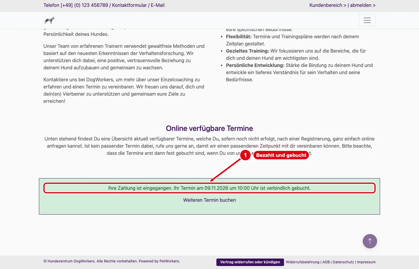 PetWorkers Classic Website: Meldung Ihre Zahlung ist eingegangen, Termin verbindlich gebucht