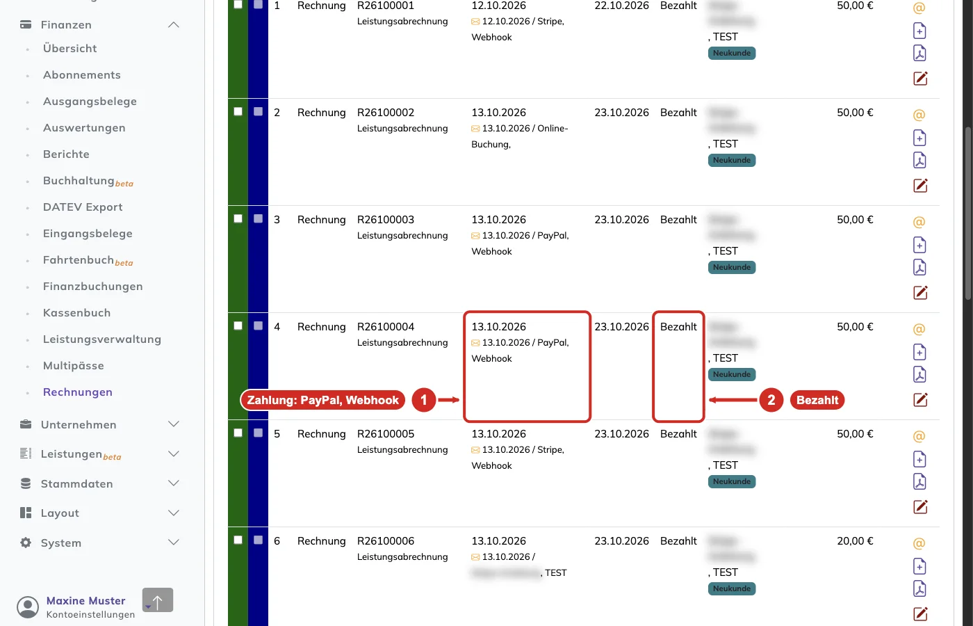 PetWorkers Classic Rechnungsübersicht: Rechnung mit der Zahlung PayPal, Webhook im Status Bezahlt