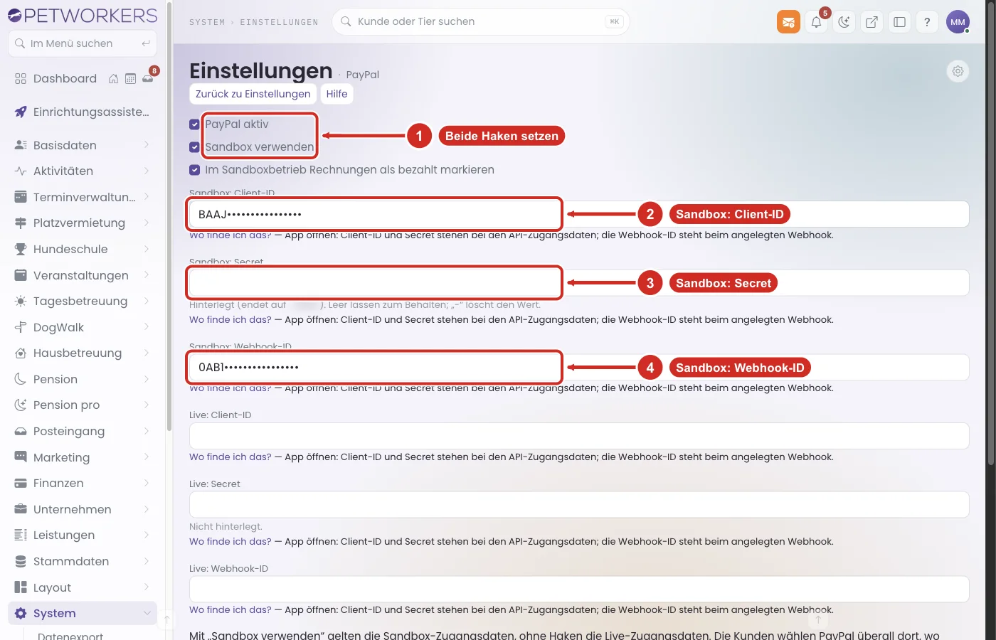 PetWorkers Wave: Haken PayPal aktiv und Sandbox verwenden, Felder Sandbox: Client-ID, Secret und Webhook-ID
