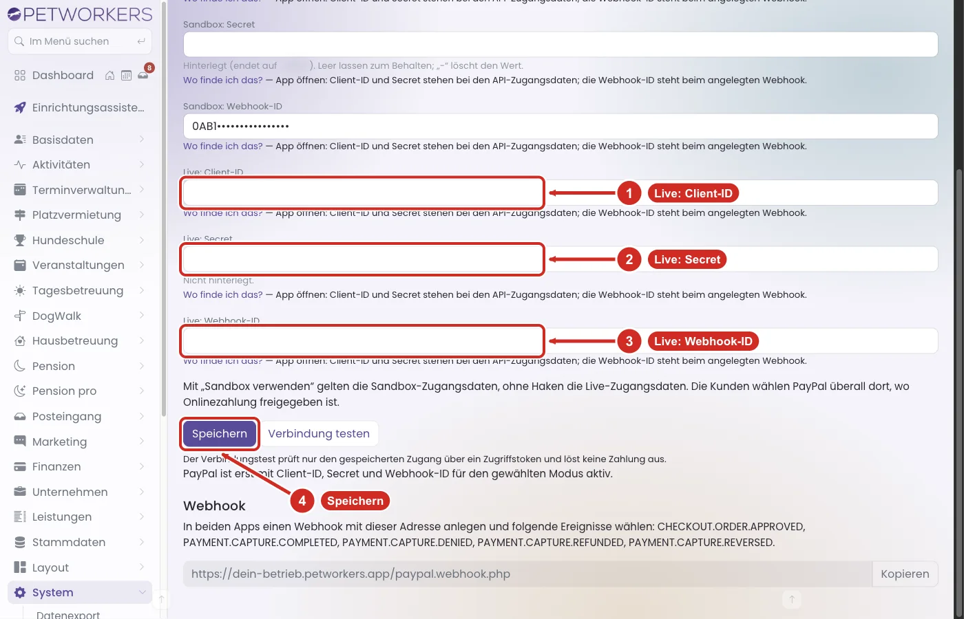 PetWorkers Wave: Felder Live: Client-ID, Live: Secret und Live: Webhook-ID mit dem Knopf Speichern