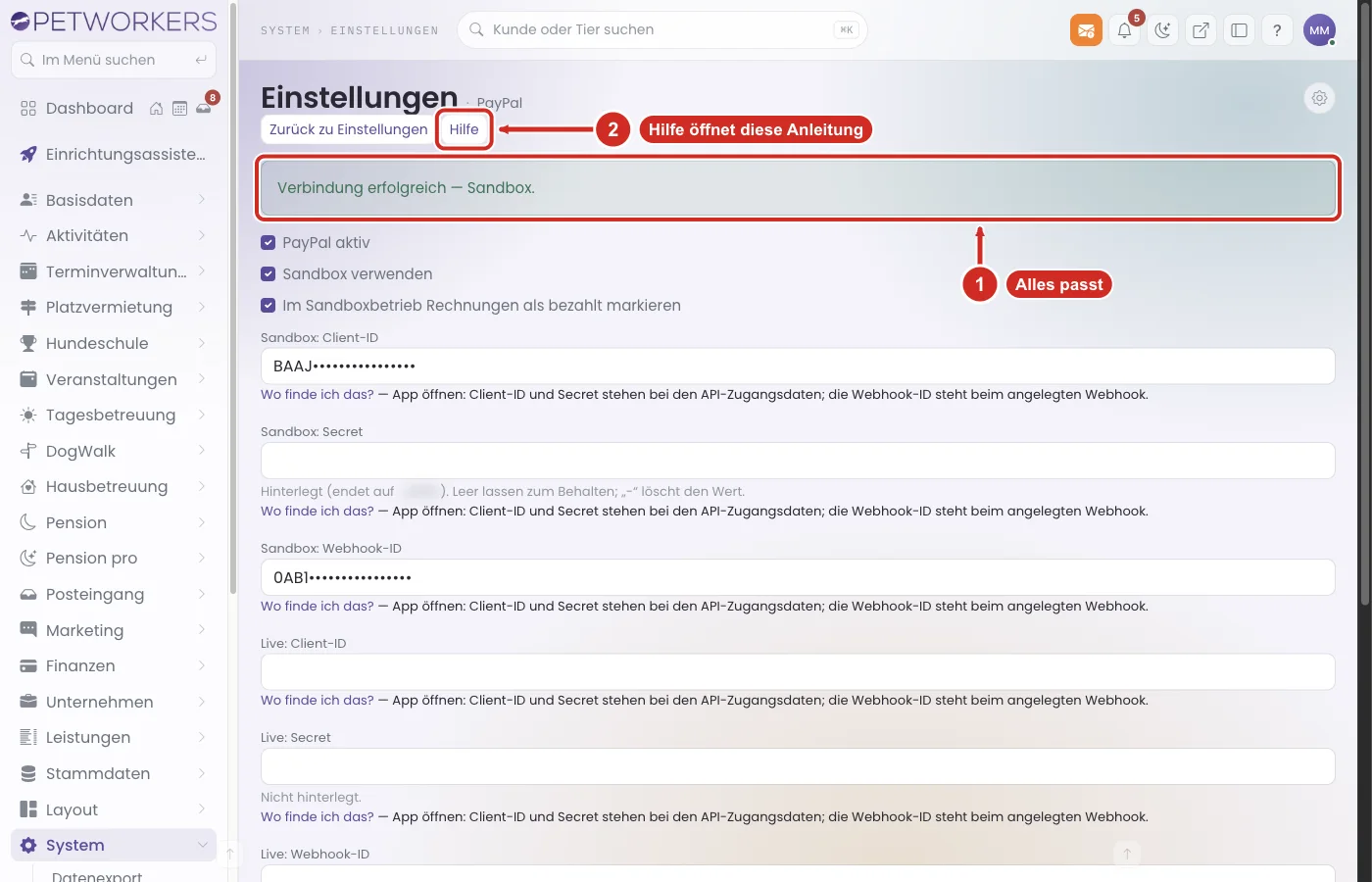 PetWorkers Wave: Meldung Verbindung erfolgreich — Sandbox und Knopf Hilfe