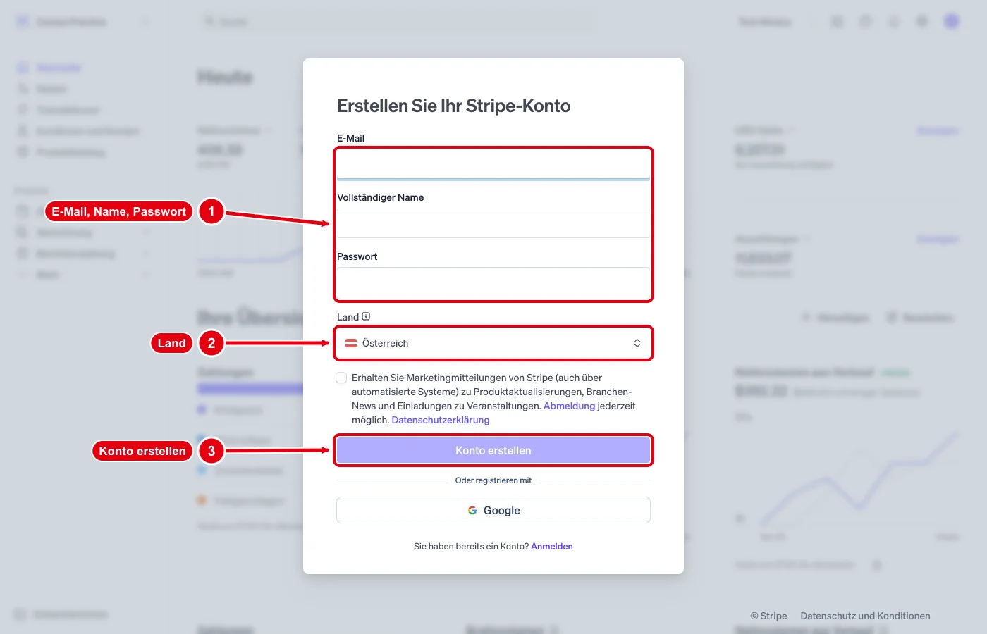 Stripe-Registrierung mit den Feldern E-Mail, Vollständiger Name, Passwort und Land