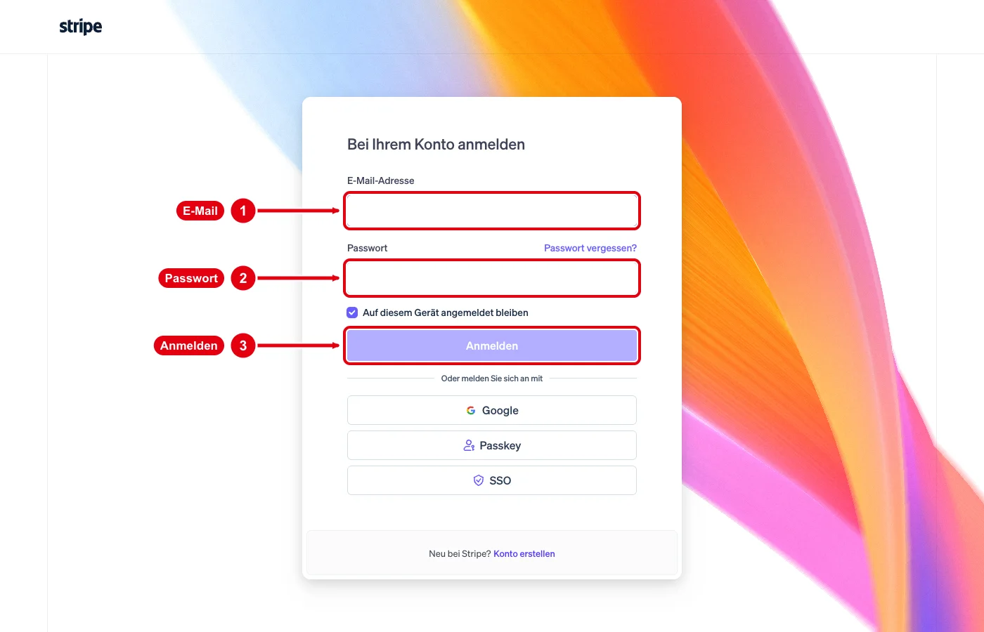 Stripe-Anmeldung mit E-Mail-Adresse, Passwort und Knopf Anmelden