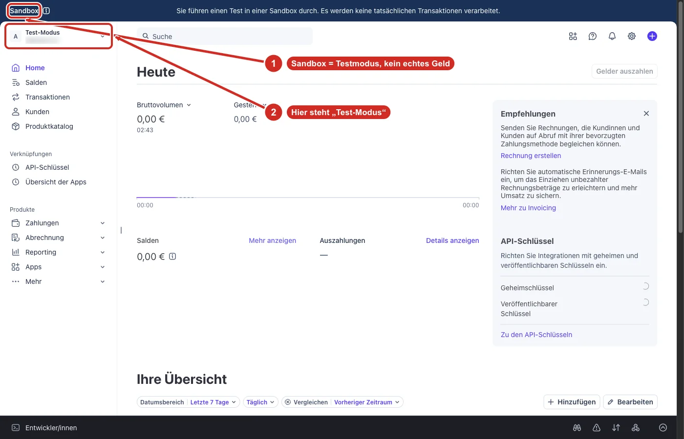 Stripe-Dashboard im Testmodus mit dem Balken Sandbox und dem Hinweis Test-Modus oben links