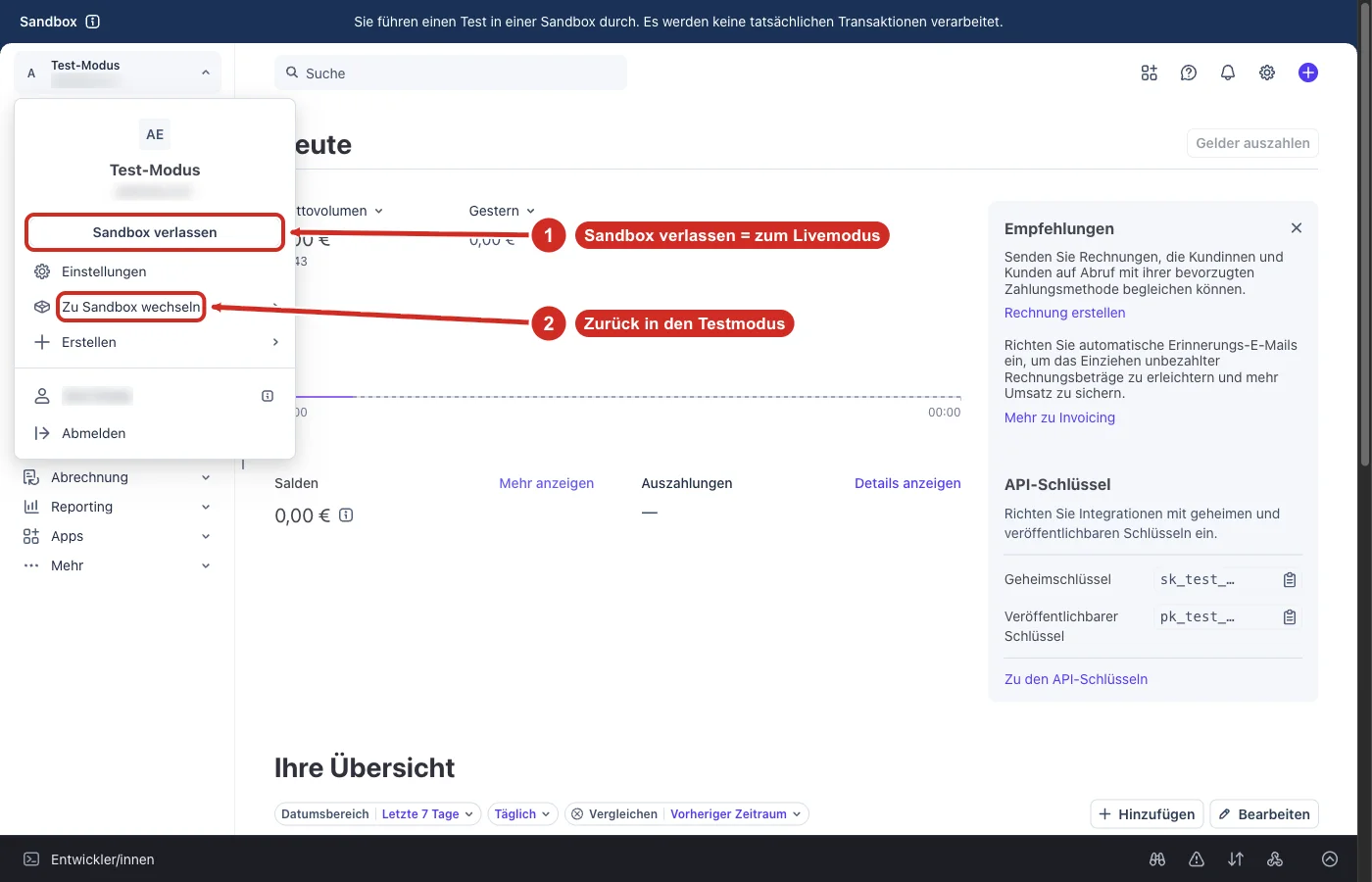 Geöffnetes Kontomenü bei Stripe mit Sandbox verlassen und Zu Sandbox wechseln