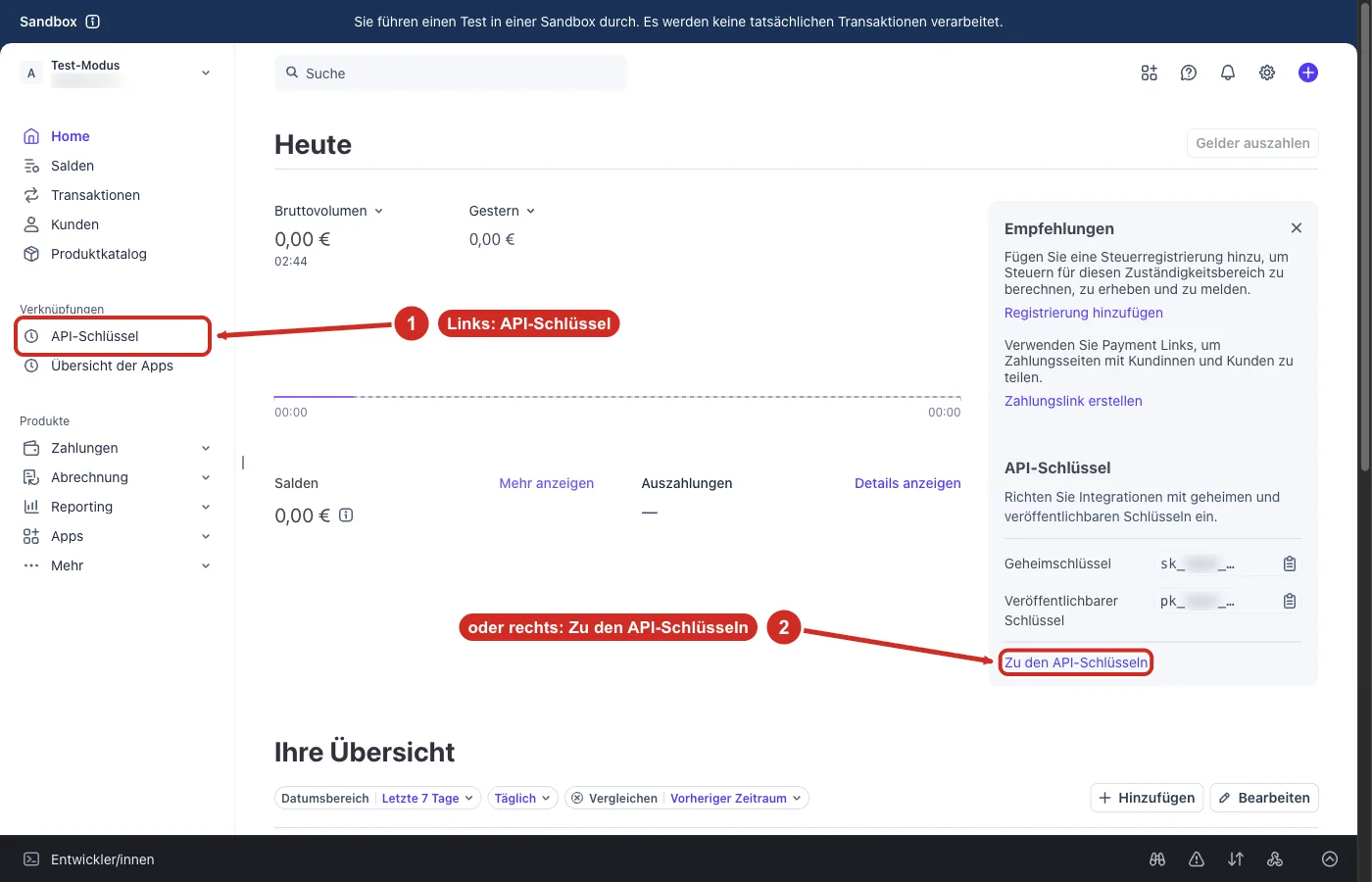 Stripe-Startseite mit dem Menüpunkt API-Schlüssel links und dem Link Zu den API-Schlüsseln rechts