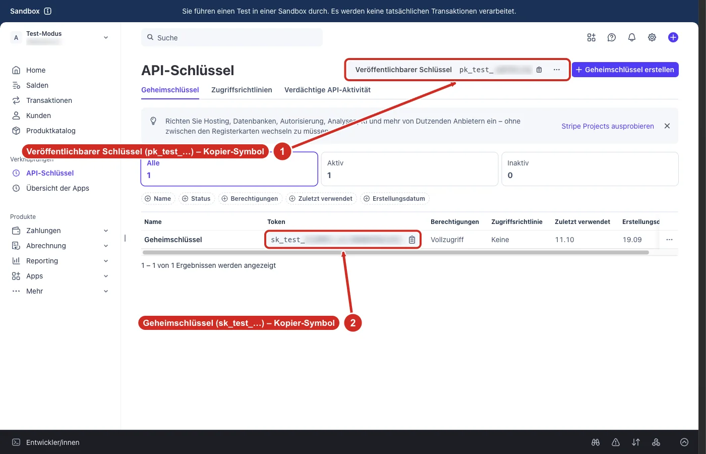 Stripe-Seite API-Schlüssel mit Veröffentlichbarem Schlüssel oben rechts und dem Geheimschlüssel in der Tabelle, Schlüssel unkenntlich