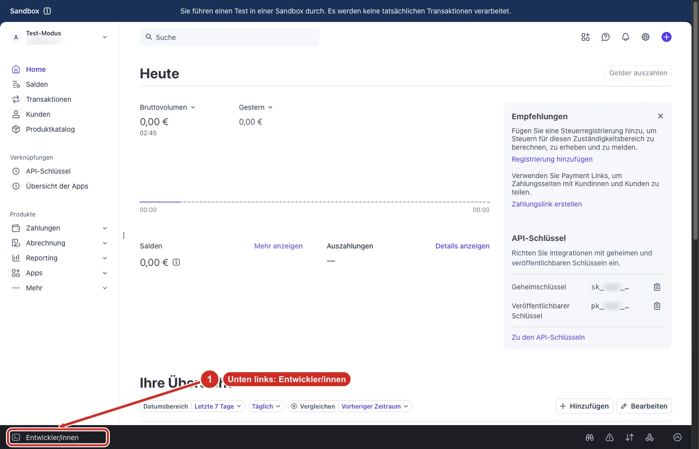 Stripe-Startseite mit der Leiste Entwickler/innen unten links