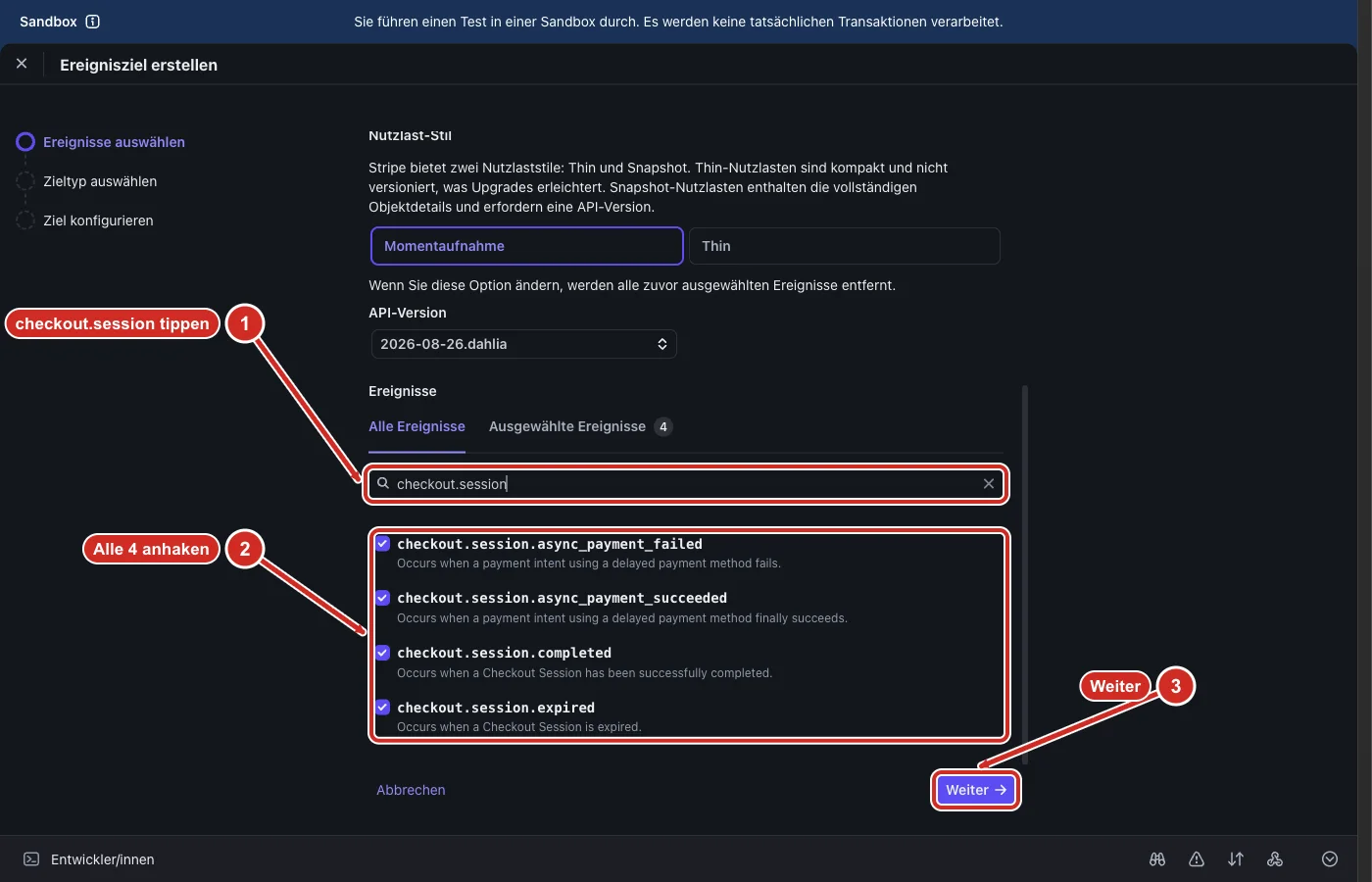 Stripe: Suchfeld mit checkout.session und die vier angehakten Ereignisse