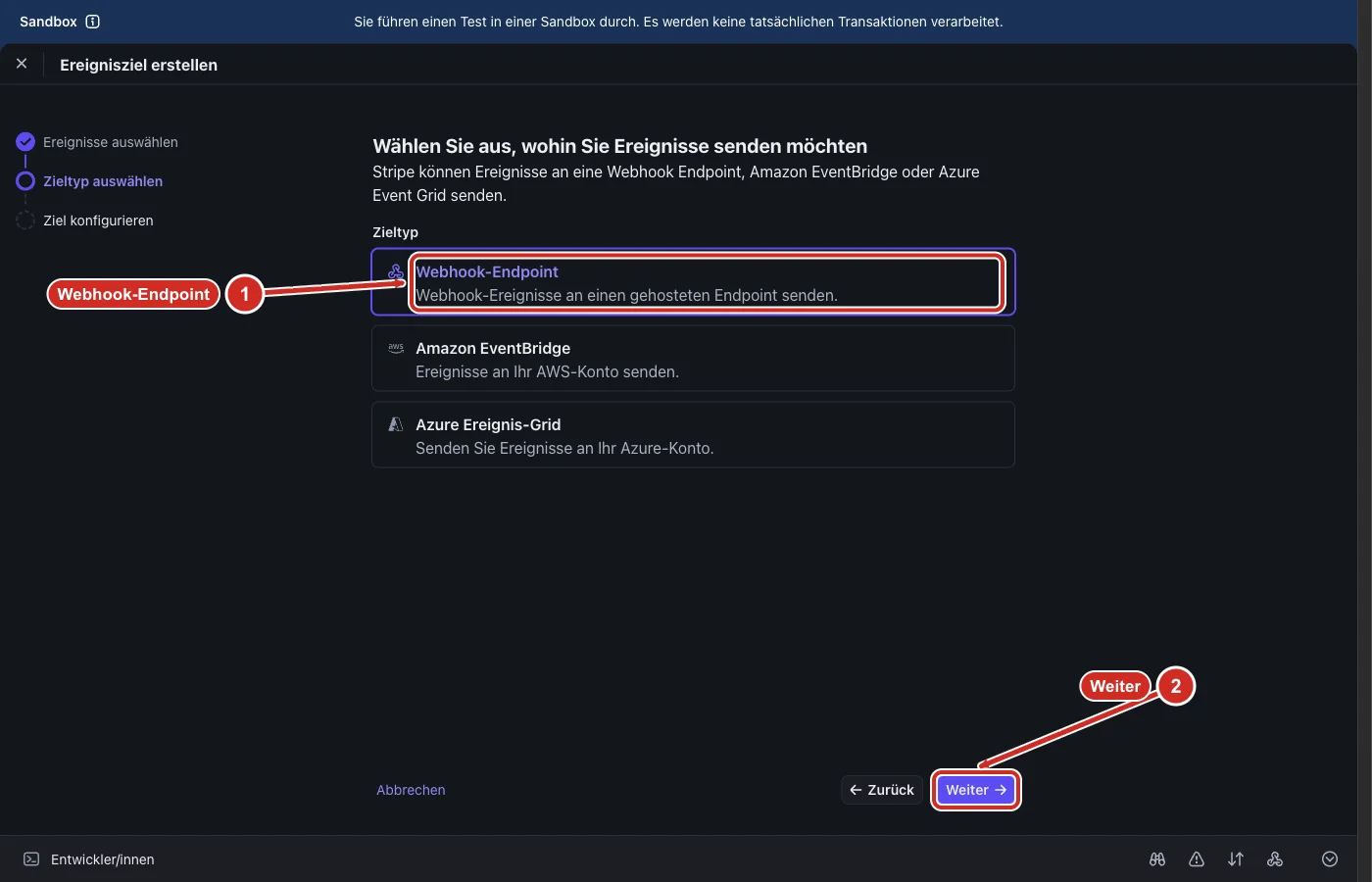 Stripe: Zieltyp Webhook-Endpoint ausgewählt
