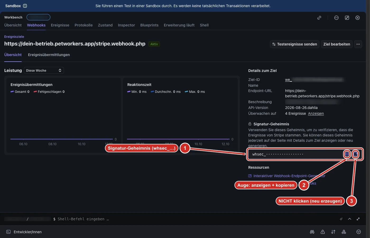 Stripe: Webhook-Ziel mit dem Kasten Signatur-Geheimnis, Wert verdeckt