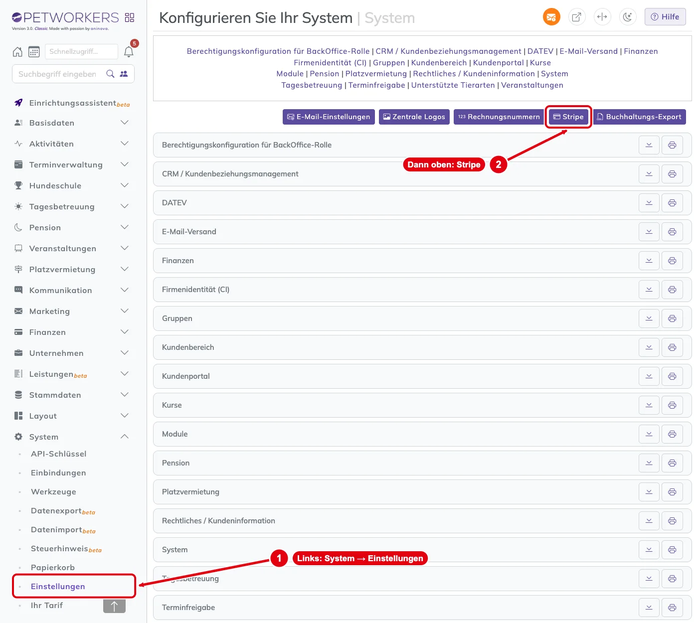 PetWorkers Classic: Menü System, Einstellungen und Knopf Stripe