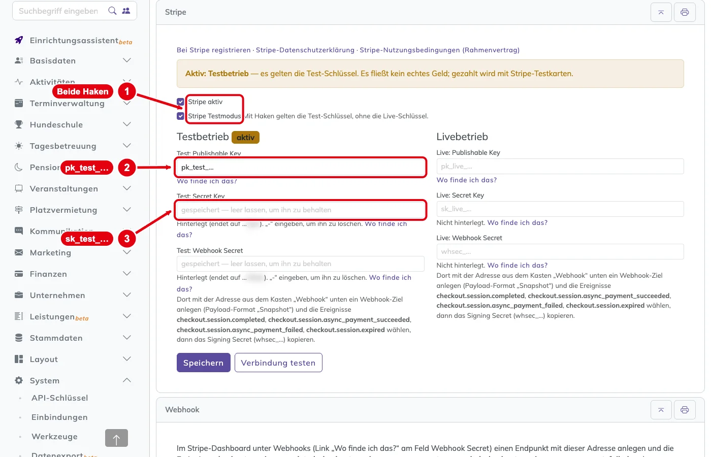 PetWorkers Classic: Haken Stripe aktiv und Stripe Testmodus, Felder Test: Publishable Key und Test: Secret Key