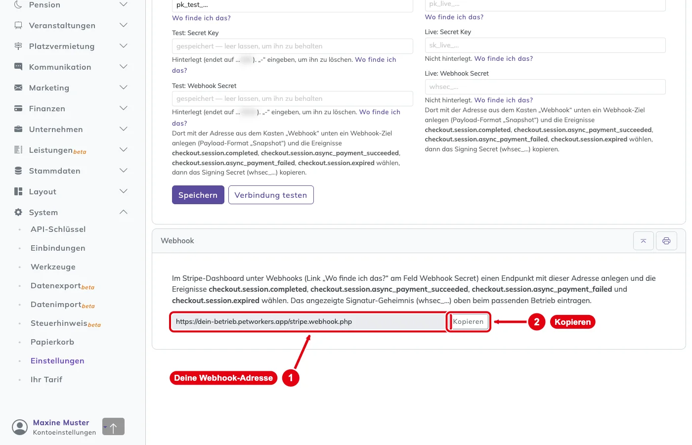 PetWorkers Classic: Kasten Webhook mit der Adresse und dem Knopf Kopieren