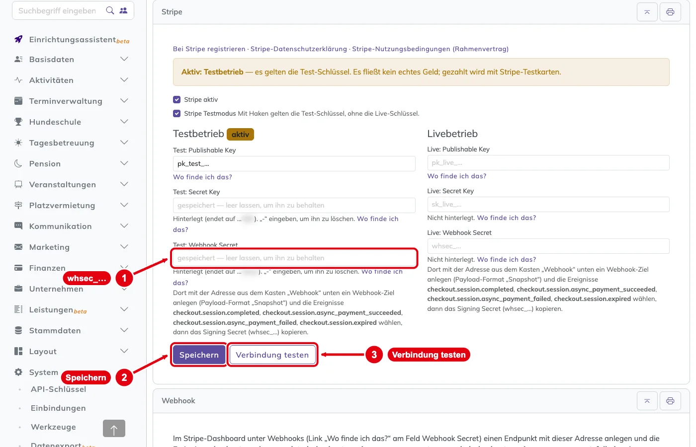PetWorkers Classic: Feld Test: Webhook Secret, Knöpfe Speichern und Verbindung testen