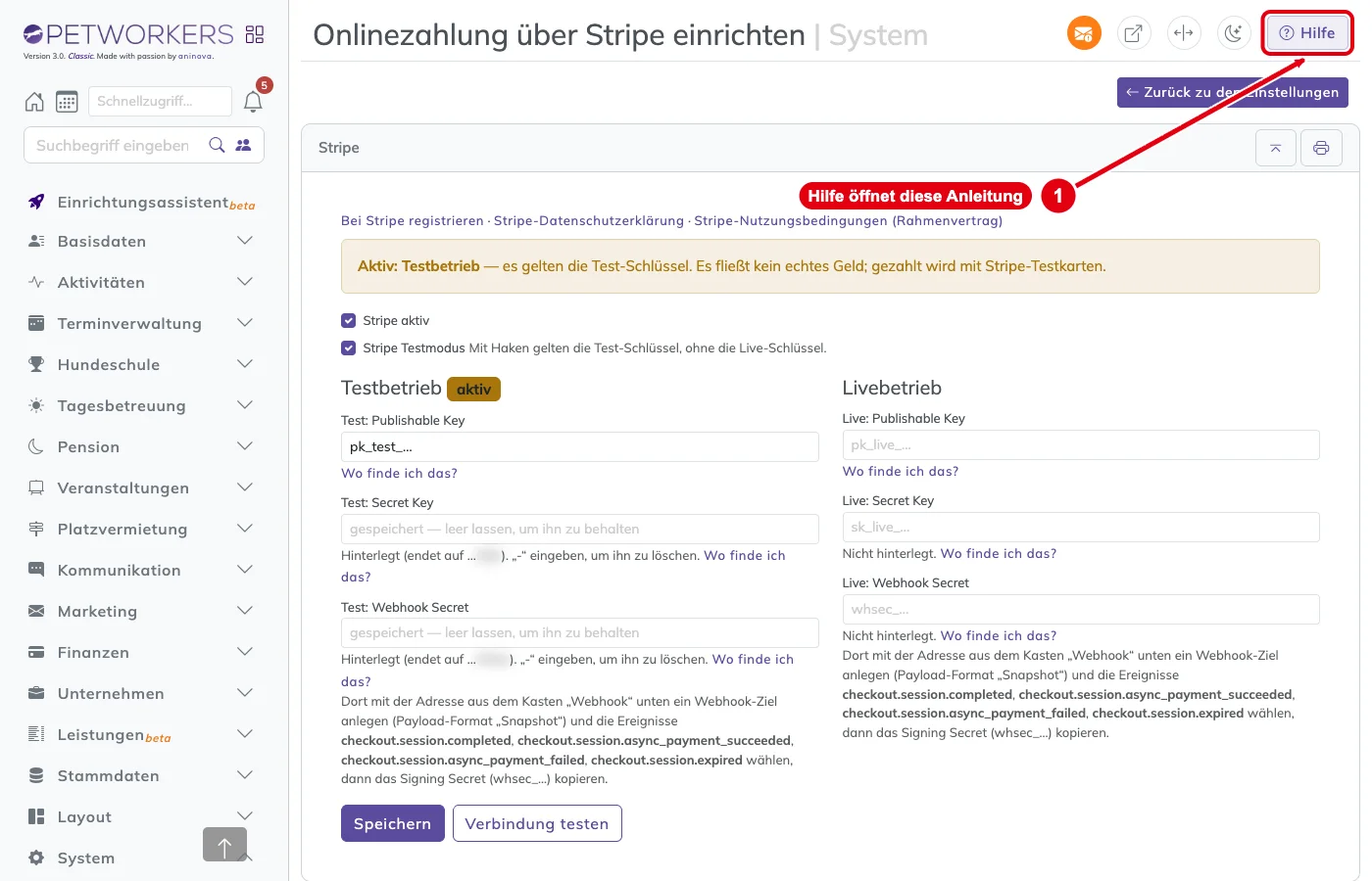 PetWorkers Classic: Knopf Hilfe oben rechts auf der Stripe-Seite