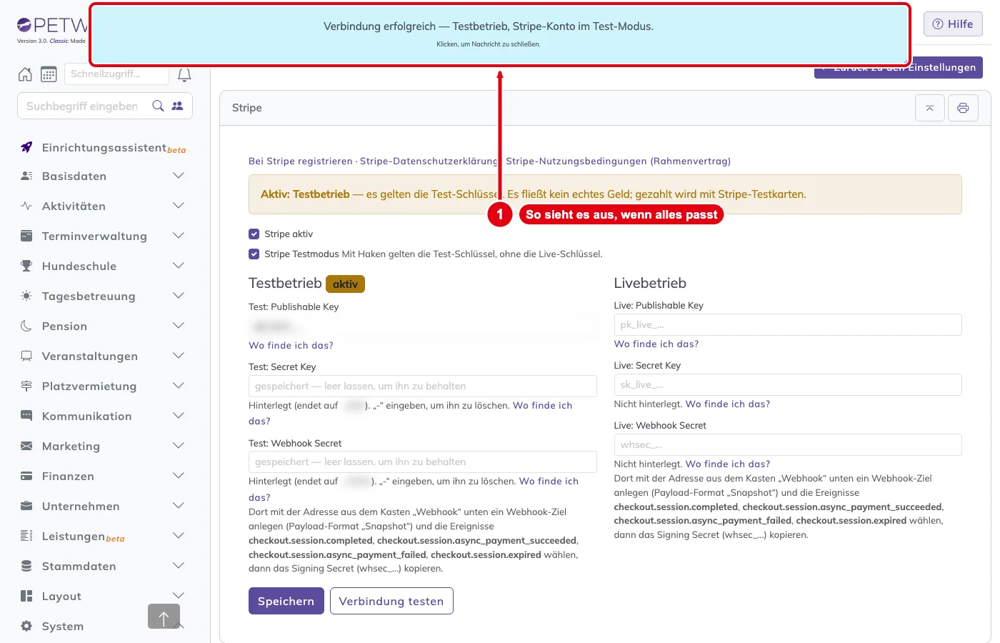 PetWorkers Classic: Meldung Verbindung erfolgreich nach dem Verbindungstest