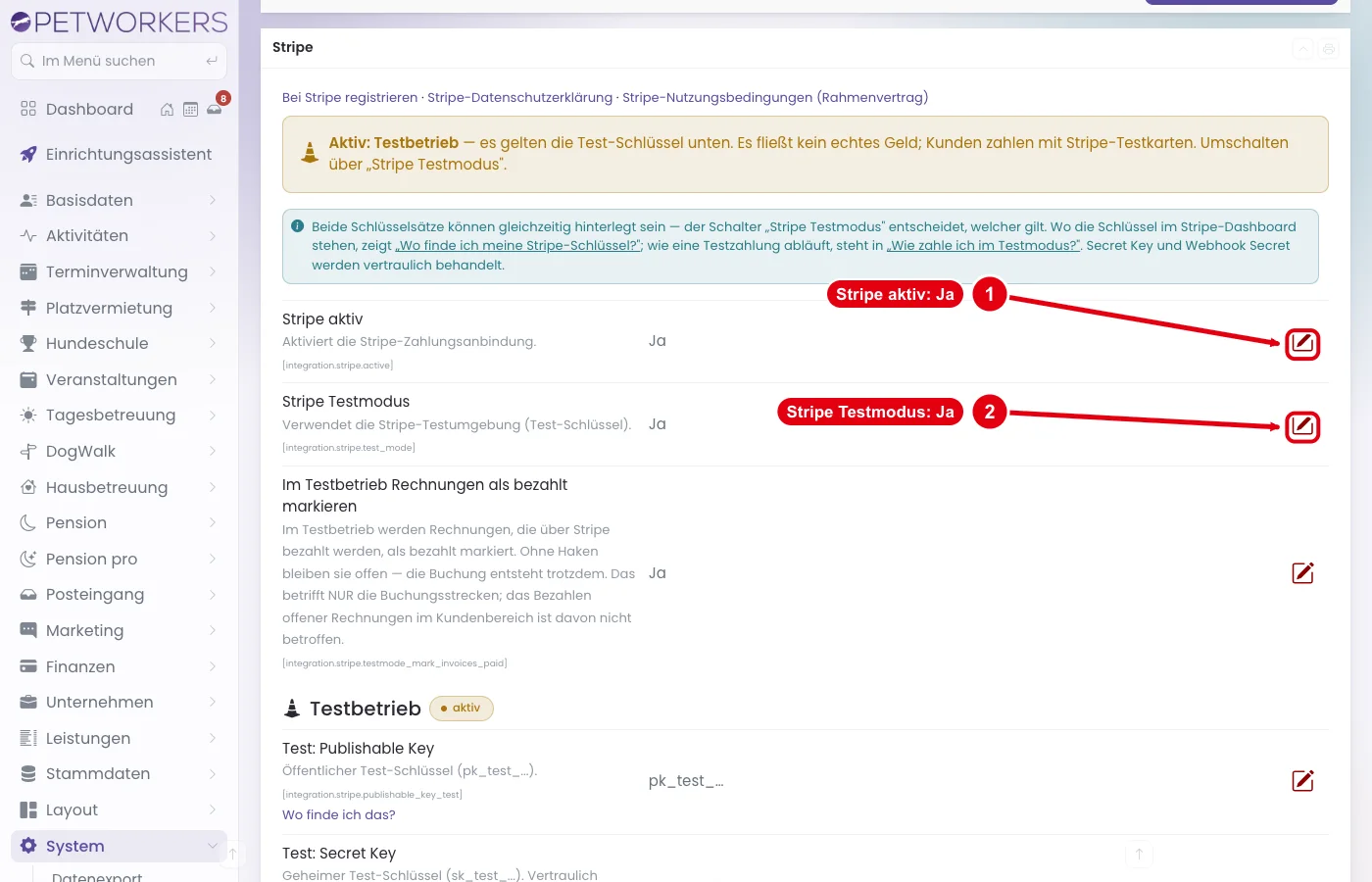 PetWorkers Wave: Zeilen Stripe aktiv und Stripe Testmodus mit Stift zum Bearbeiten
