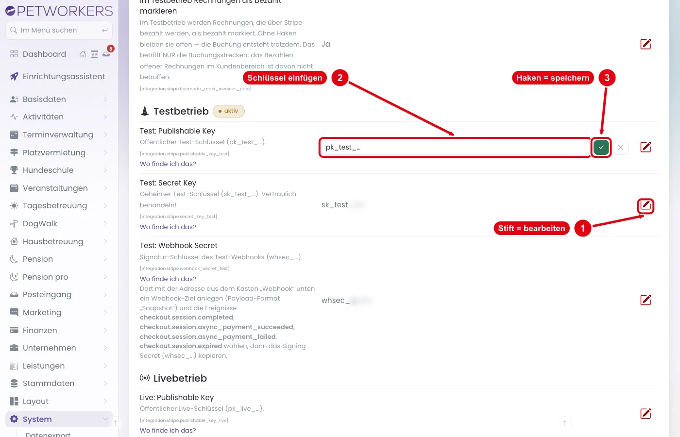 PetWorkers Wave: geöffnete Zeile Test: Publishable Key mit Eingabefeld und grünem Haken