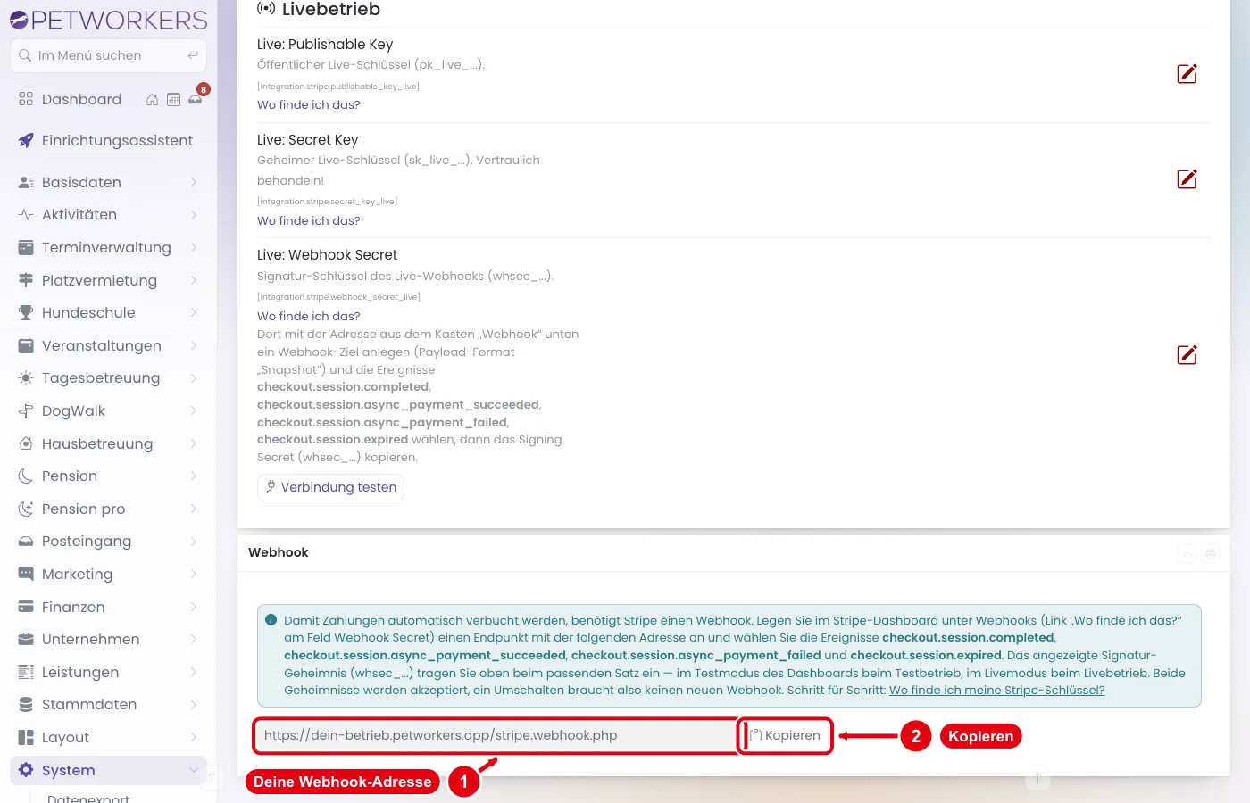 PetWorkers Wave: Kasten Webhook mit der Adresse und dem Knopf Kopieren