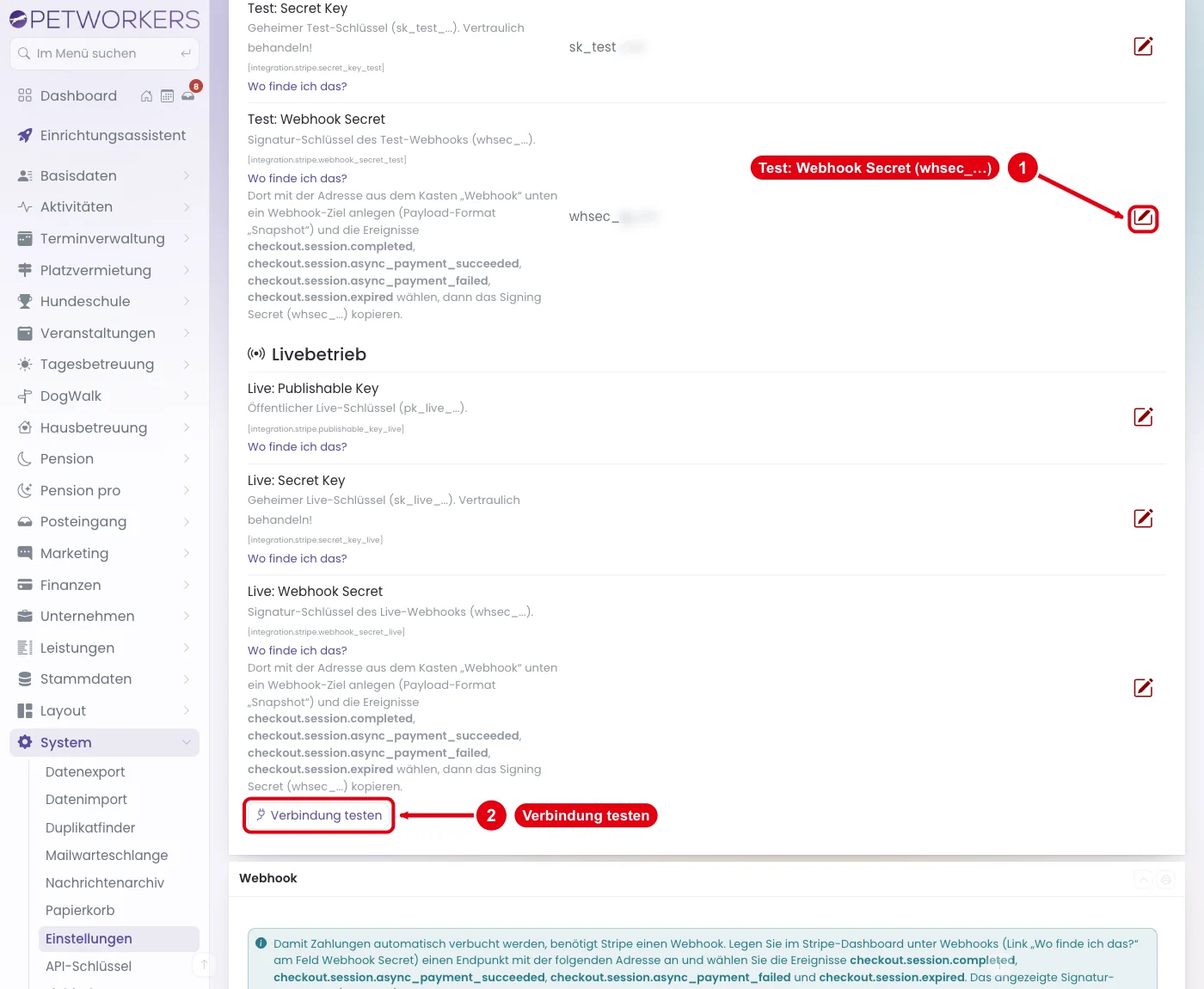 PetWorkers Wave: Zeile Test: Webhook Secret und Knopf Verbindung testen