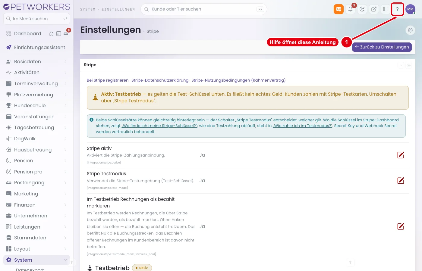 PetWorkers Wave: Fragezeichen oben rechts auf der Stripe-Seite