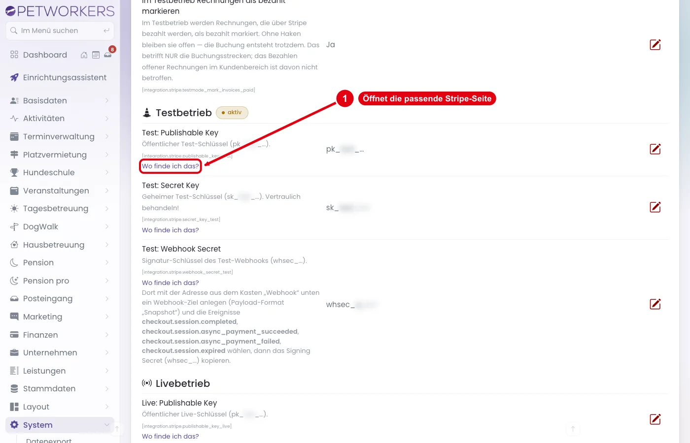 PetWorkers Wave: Link Wo finde ich das unter der Zeile Test: Publishable Key