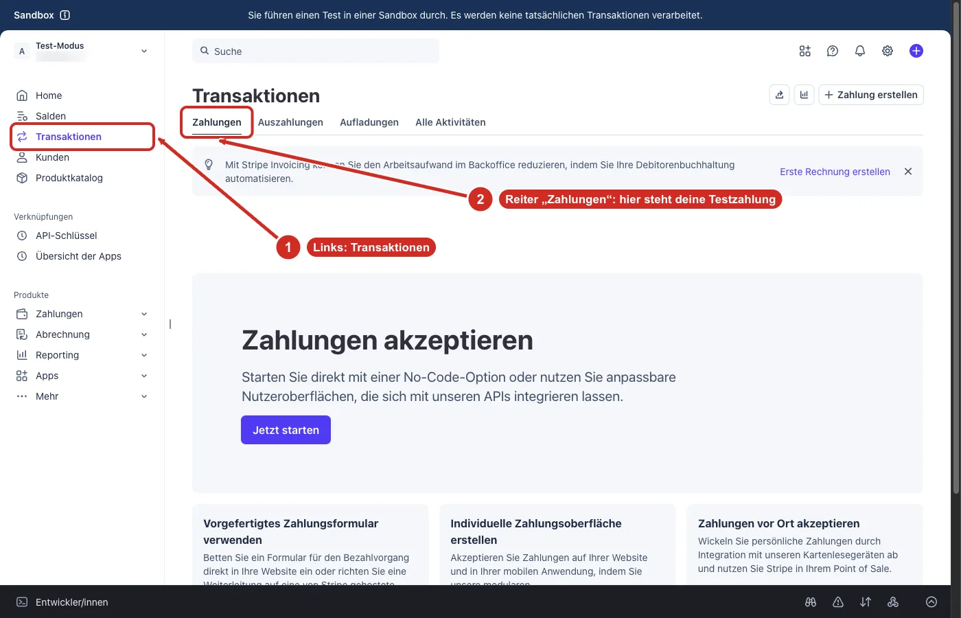 Stripe Transaktionen mit dem Reiter Zahlungen im Testmodus