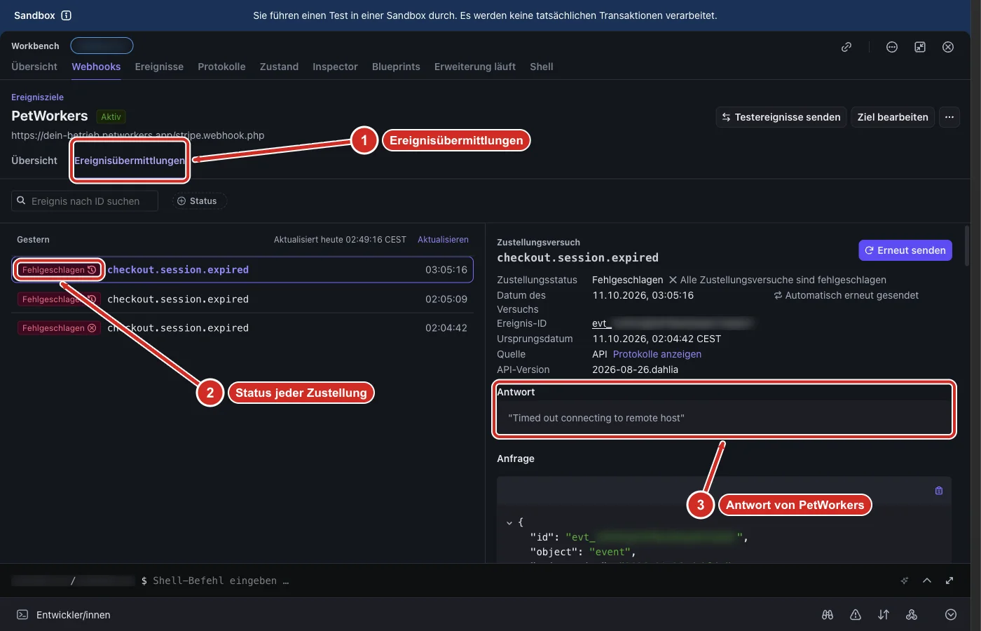 Stripe Webhook-Ziel, Reiter Ereignisübermittlungen mit Status und Antwort