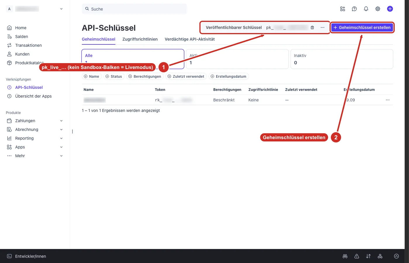 Stripe-Seite API-Schlüssel im Livemodus, Schlüssel unkenntlich