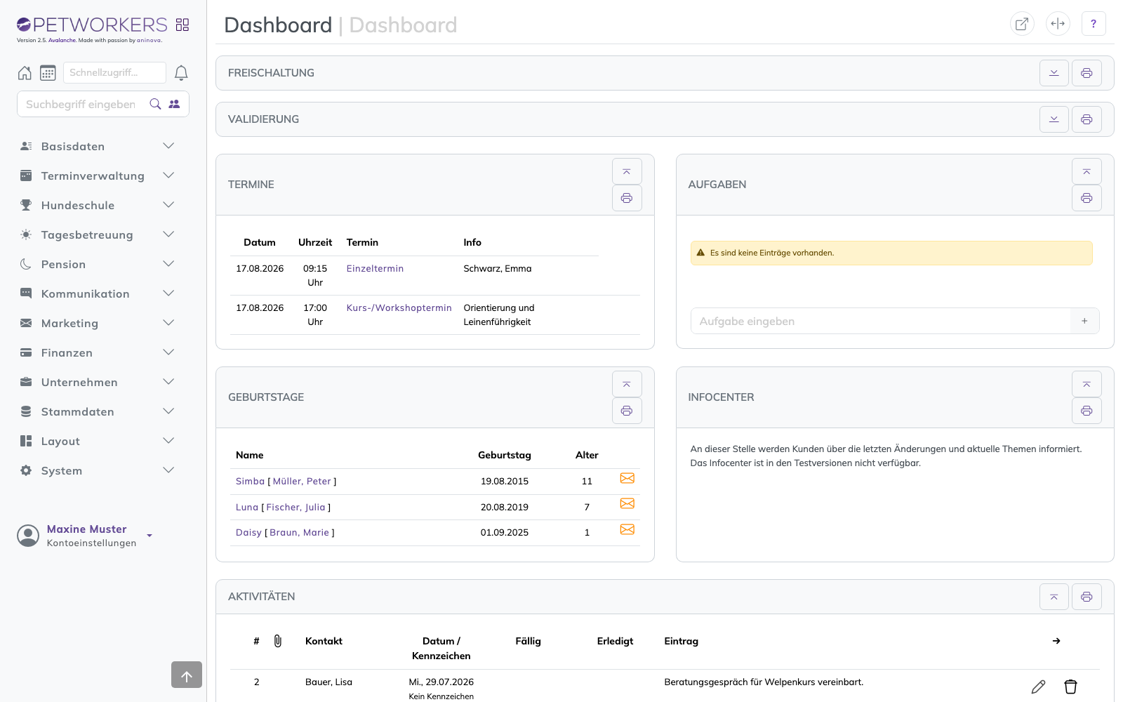 Das Dashboard mit Terminen, Aufgaben, Geburtstagen und Aktivitäten.