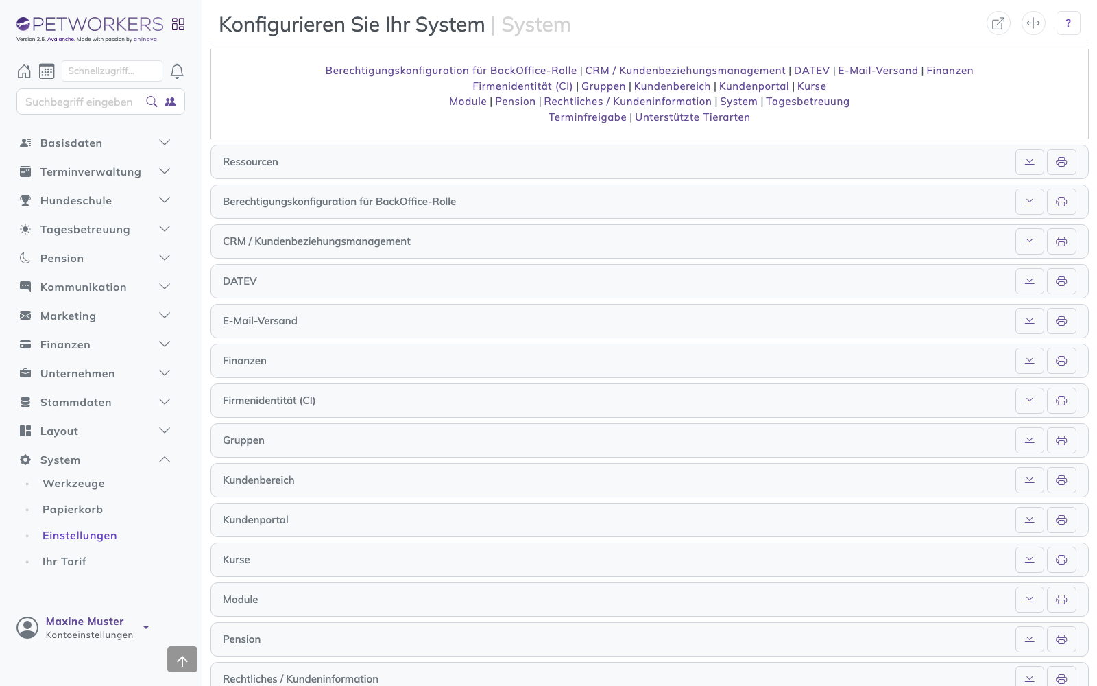 Die Einstellungen, gegliedert nach Themengruppen.