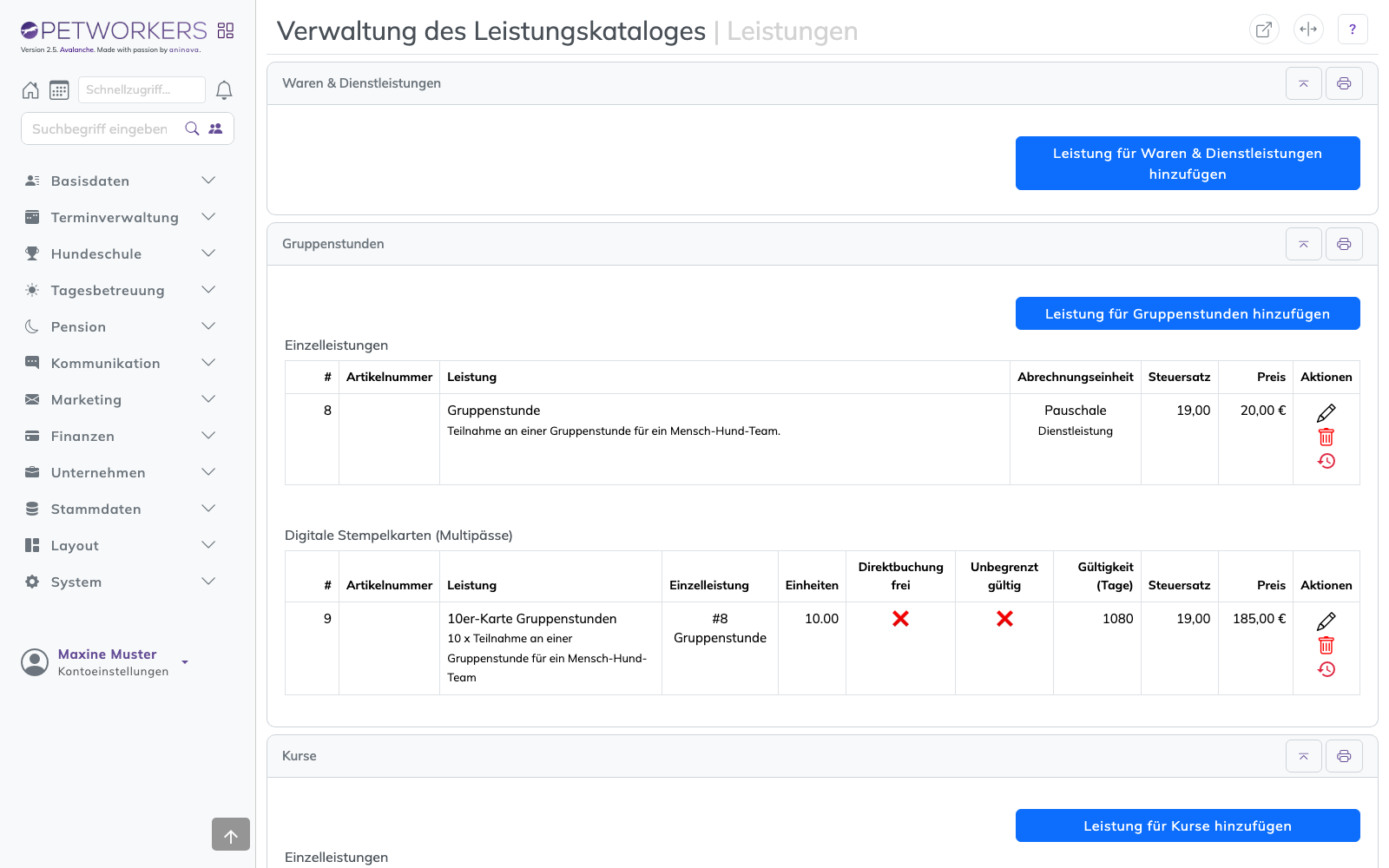 Der Leistungskatalog unter Stammdaten → Leistungen.