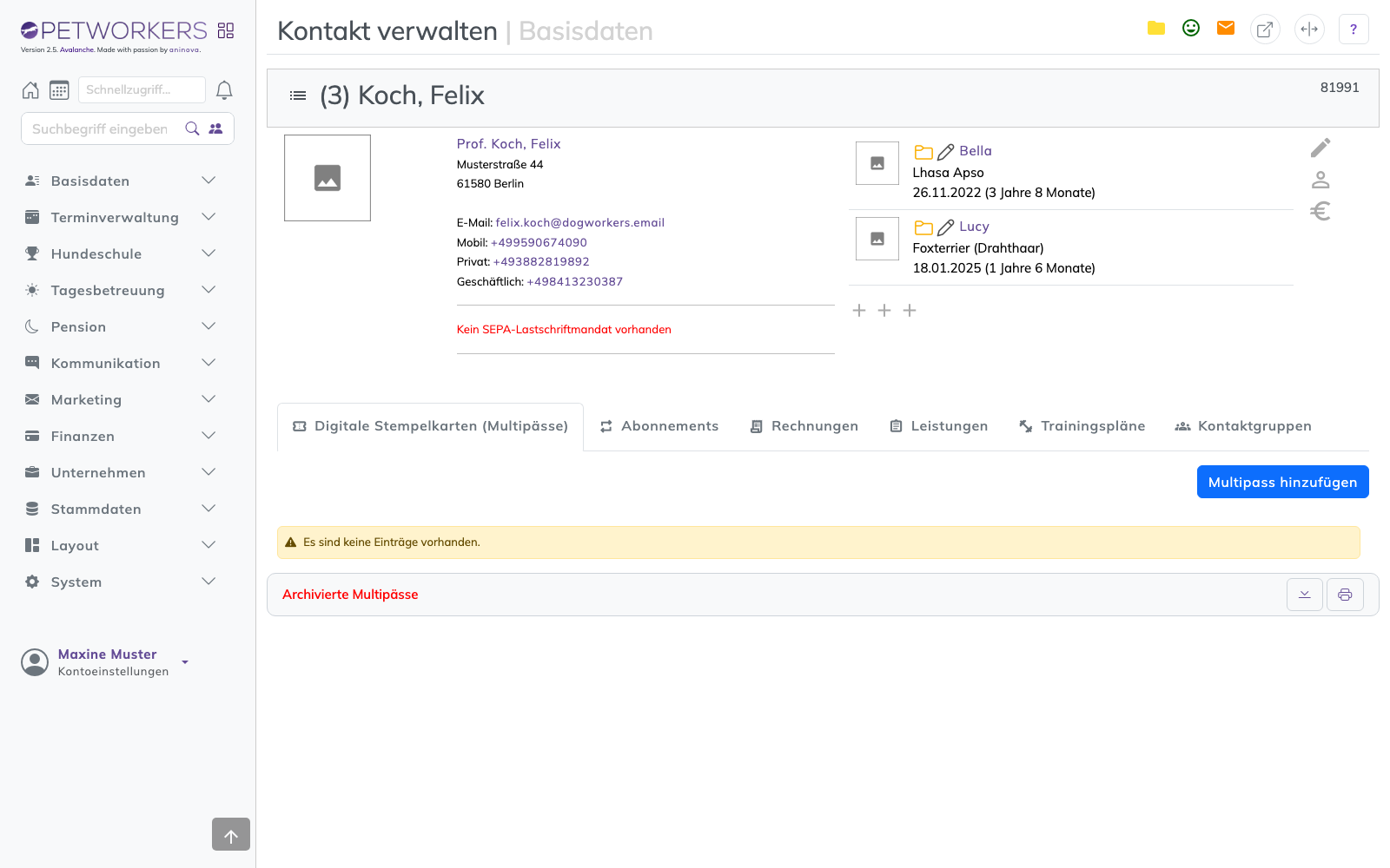 Die Kundenkartei mit Tieren, Abos, Stempelkarten und Rechnungen.