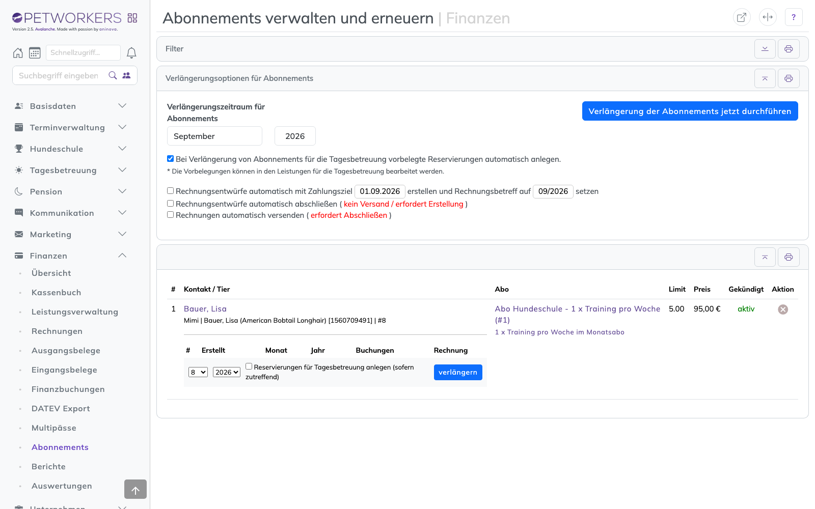 Die Abonnement-Verwaltung unter Finanzen → Abonnements.