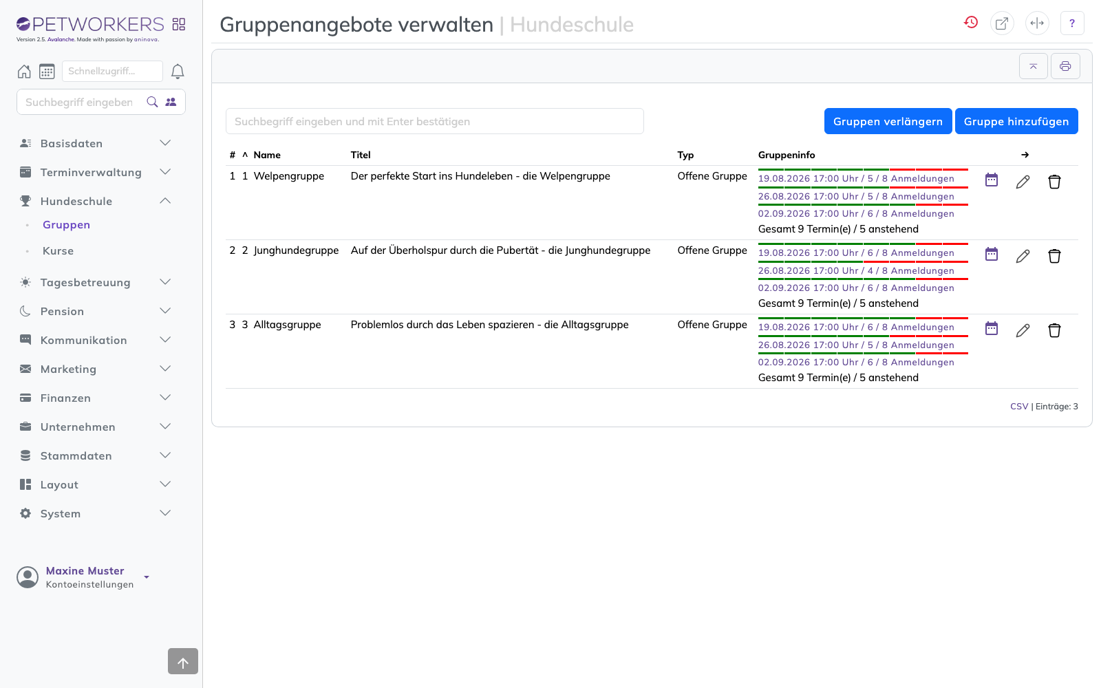 Die Gruppenverwaltung der Hundeschule.