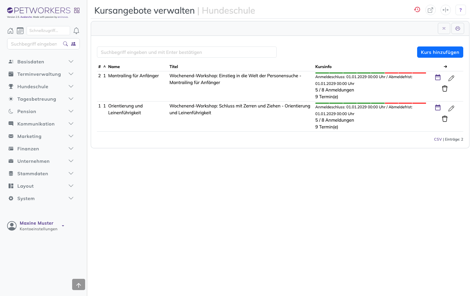 Die Kursverwaltung mit Terminen und Teilnehmern.