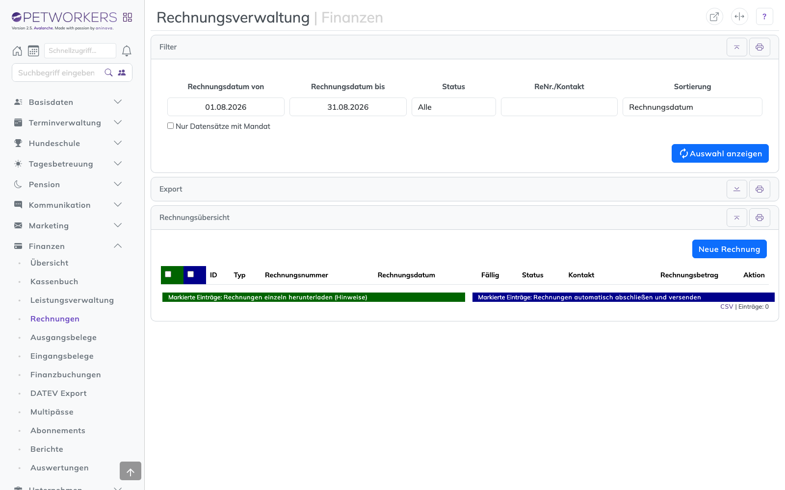 Die Rechnungsübersicht mit Status, Versand-Symbolen und Filtern.