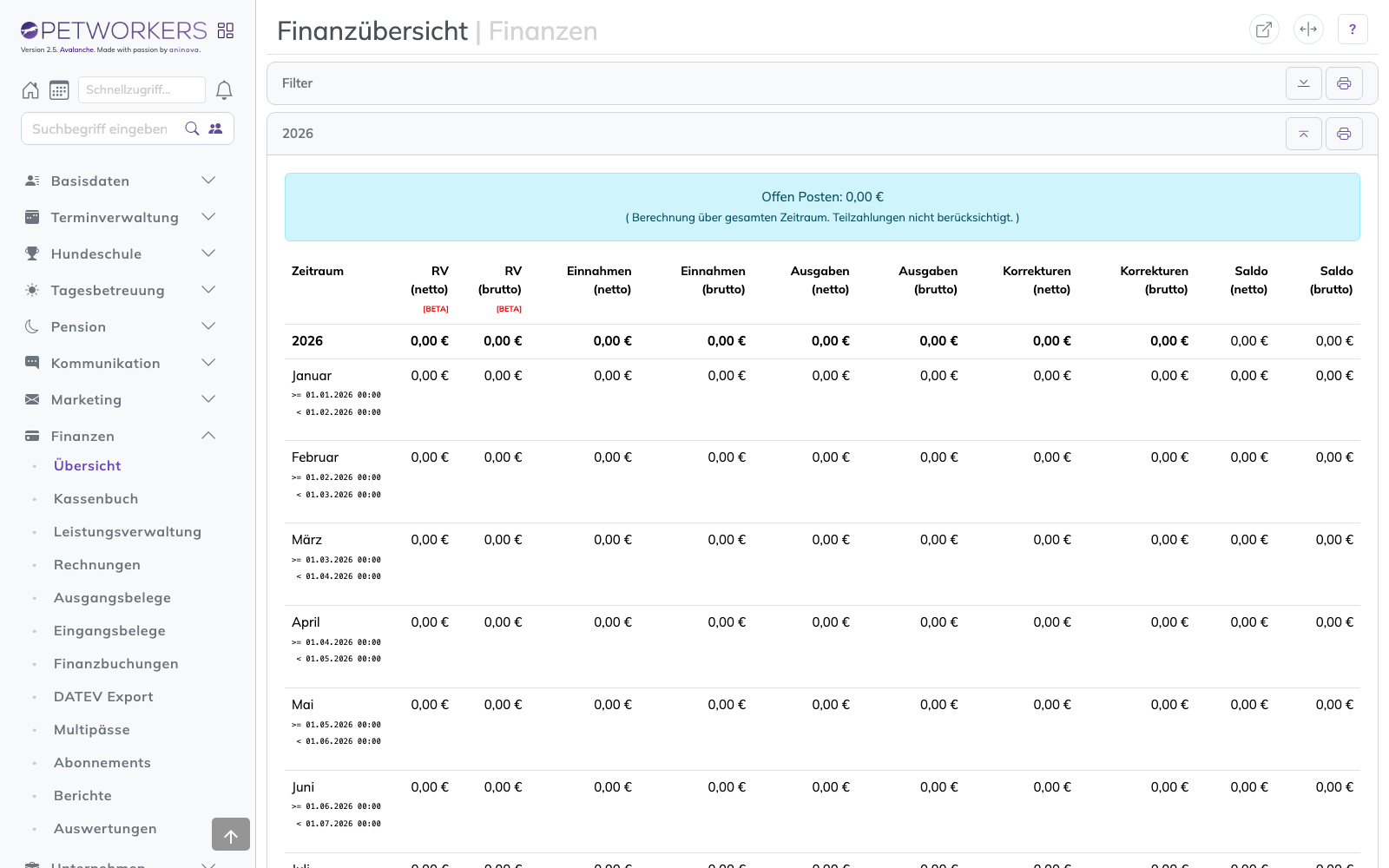 Die Finanzübersicht mit Ein- und Ausgangsbuchungen.