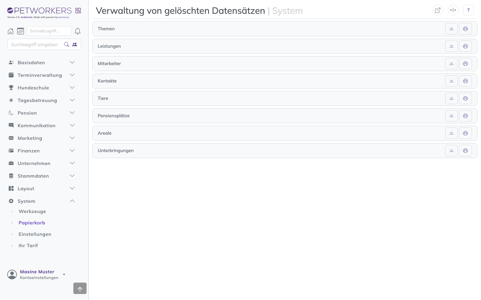 Der Papierkorb mit gelöschten Datensätzen je Bereich.