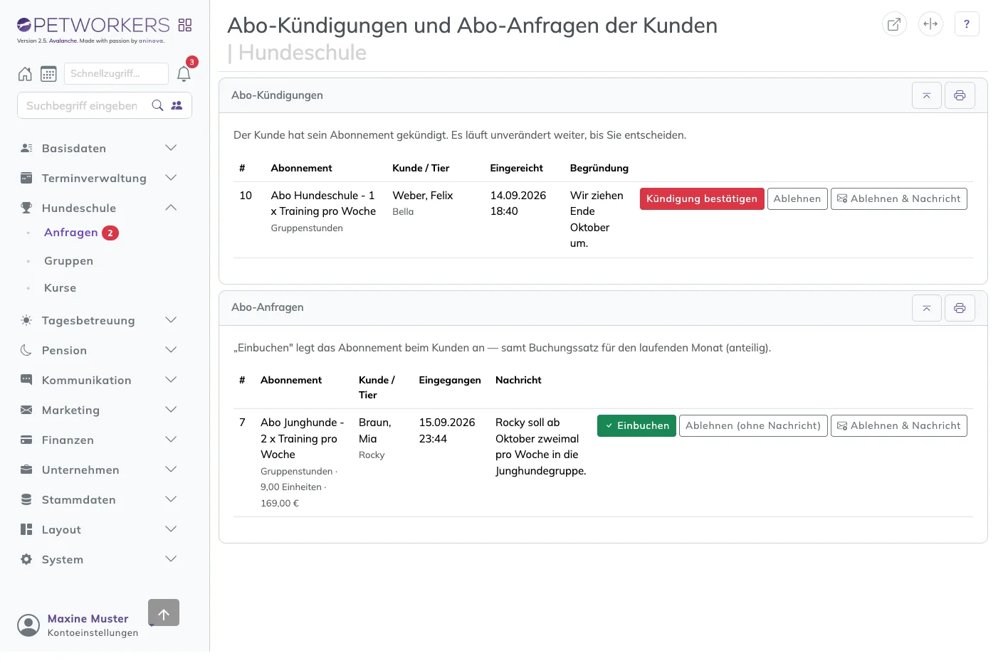 Abo-Kündigungen unter Hundeschule → Anfragen